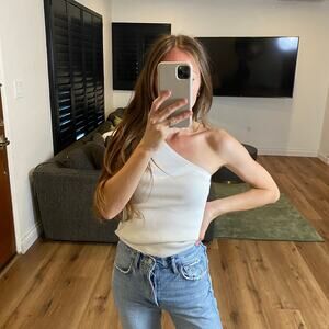 Michael Kors One Shoulder Ribbed Stretch Cotton Top